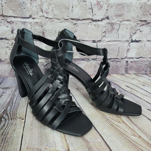 Charles by Charles David 10M Black Leather Caged Black Heel Open Toe Sandals - Picture 2 of 9
